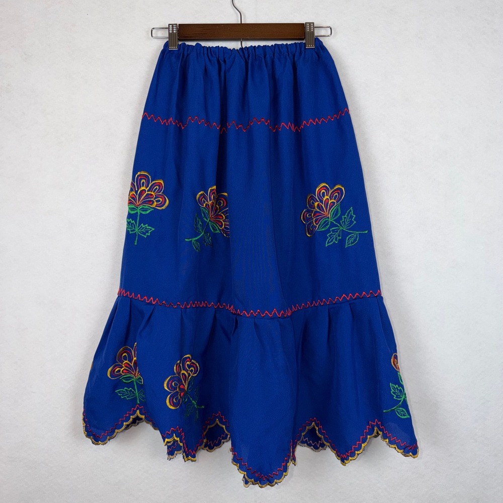 Hand Embroidered Floral Midi Skirt Women Blue Boho Folk Peasant Scallop